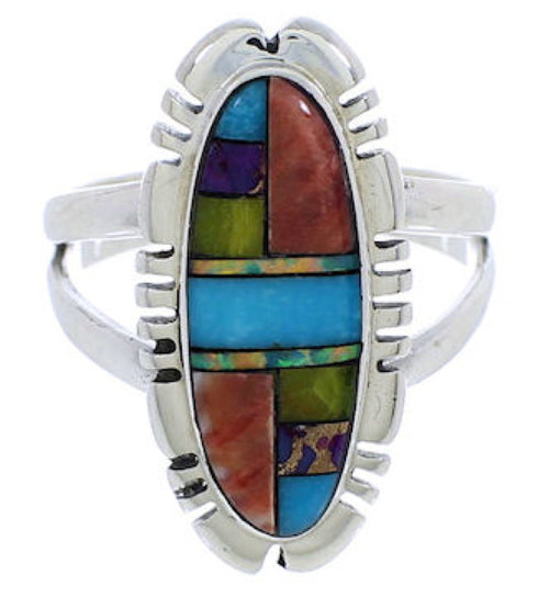 Genuine Silver Multicolor Inlay Ring Size 7-1/2 TX38108